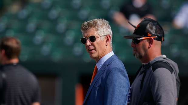 Jul 27, 2022; Baltimore, Maryland, USA; Baltimore Orioles general manager Mike Elias reacts on the field before the game between the Baltimore Orioles and the Tampa Bay Rays at Oriole Park at Camden Yards. Mandatory Credit: Tommy Gilligan-USA TODAY Sports